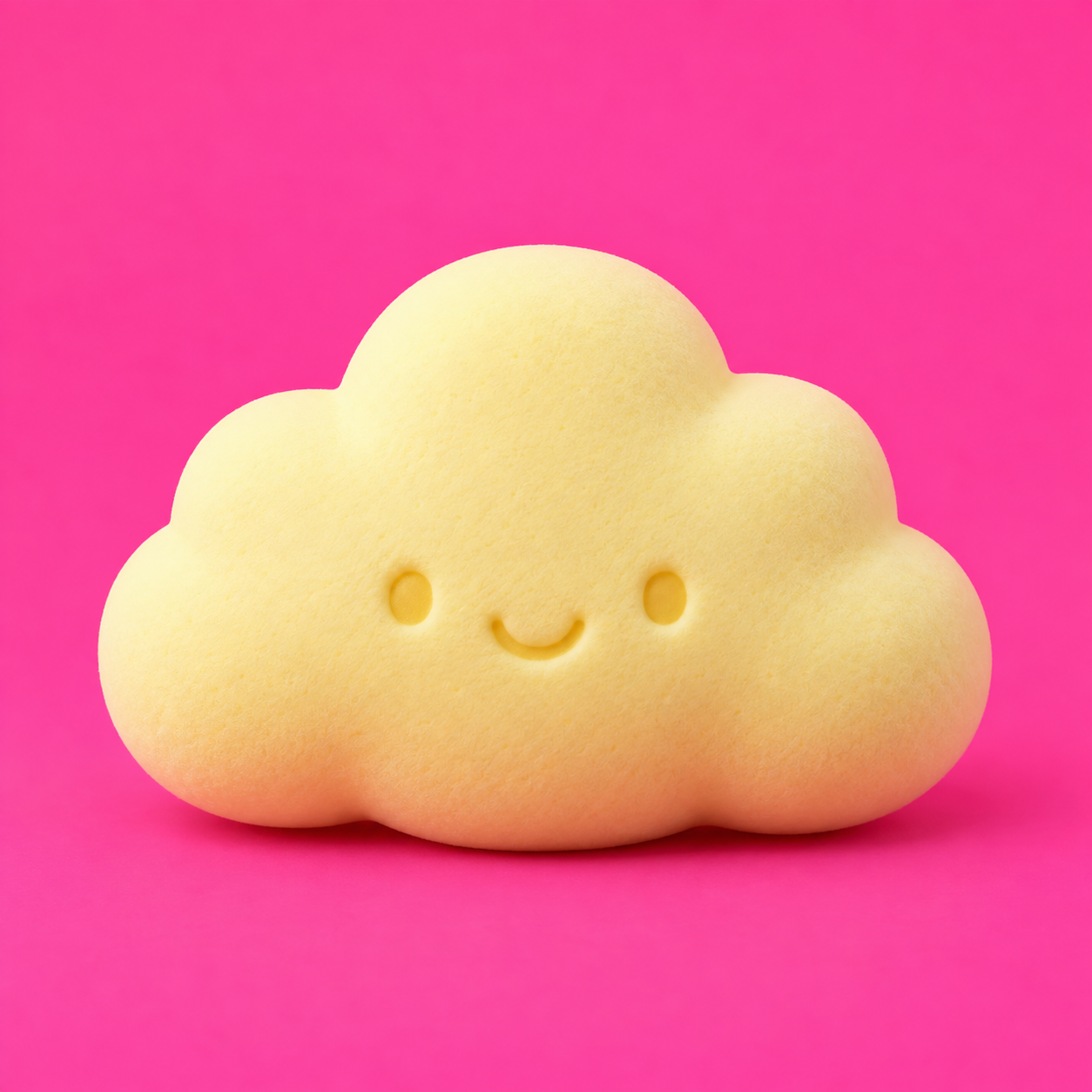 Illustrative butter-yellow cloud squishy with a tiny smiling face on a bright pink background